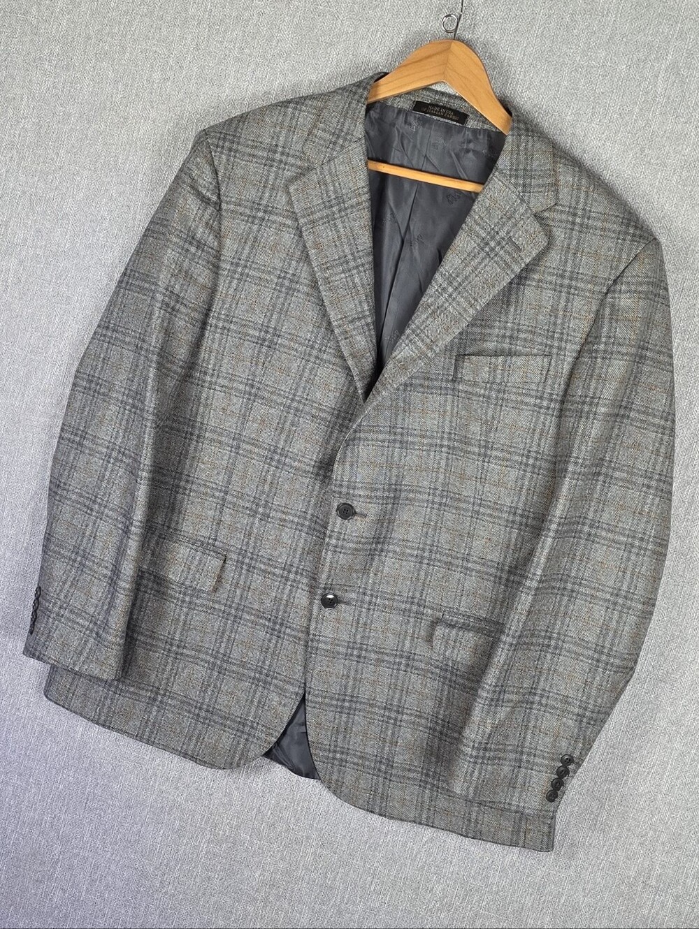 Jos A Bank Reserve 100% Cashmere Gray/Orange Check Blazer 46R